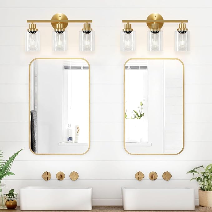 Guliaofo 3-Light Brushed Gold Vanity Lights, E26 Modern Bathroom Light Fixtures