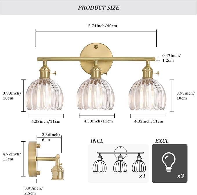 Shenmoyl Bathroom Light Fixtures, 3-Light Brass Vanity Wall Light Over Mirror