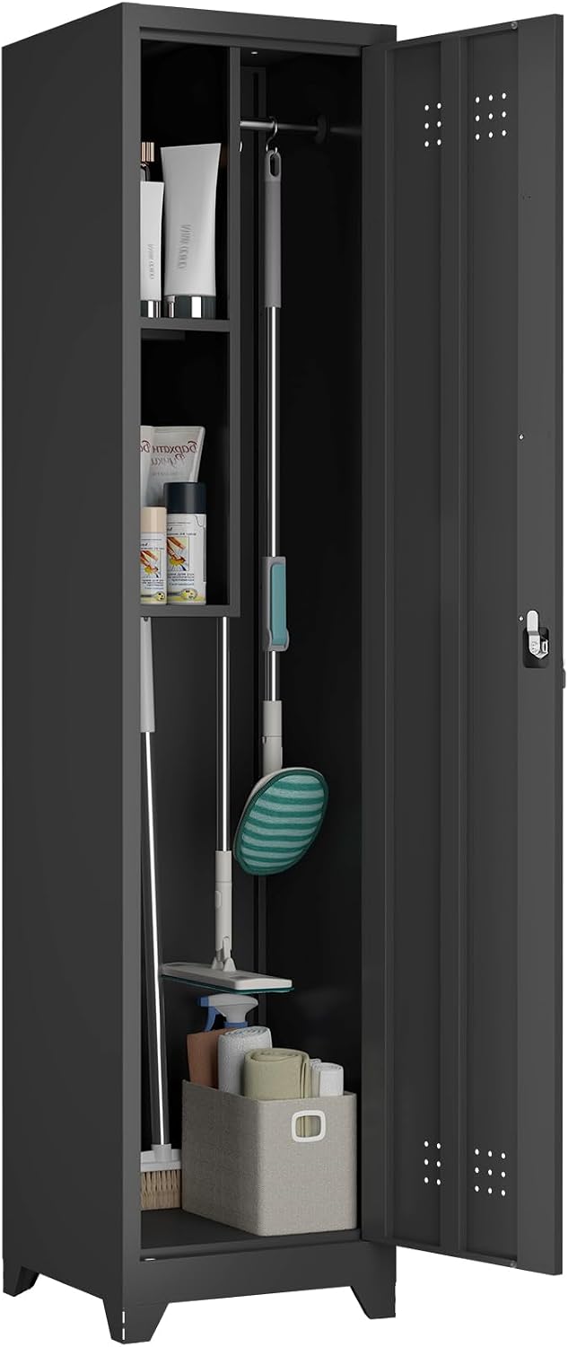 Utility Closet for Cleaning Supplies, Black Metal Storage Cabinet