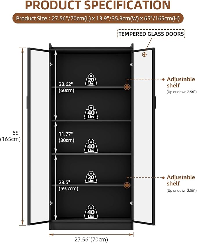 Dystler Display Cabinet with Glass Doors and Shelves, 5 Tier Display Case