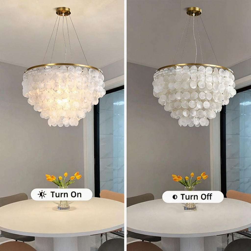 5 Tier Capiz Shell Chandelier, H16'' x D24'' Natural Shell Hanging Ceiling Light Fixtures Seashell Coastal Chandeliers for Living Room(More Additional Shell Parts Included) Gold