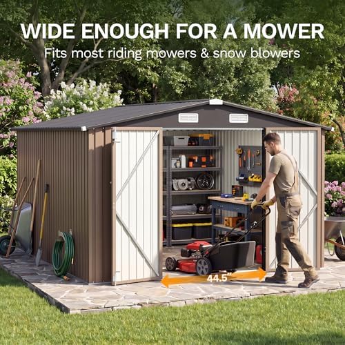 JUMMICO 10x12 FT Outdoor Storage Shed, Heavy Duty Metal Shed with Lockable Door&Slooping Roof, Tool Shed for Garden Backyard Patio(Brown)