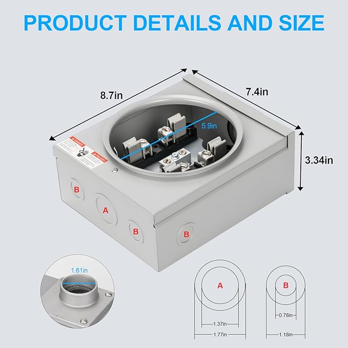 100 Amp Meter Socket, 4 Jaw Meter Base, 600V 3 Wire Ring Type,