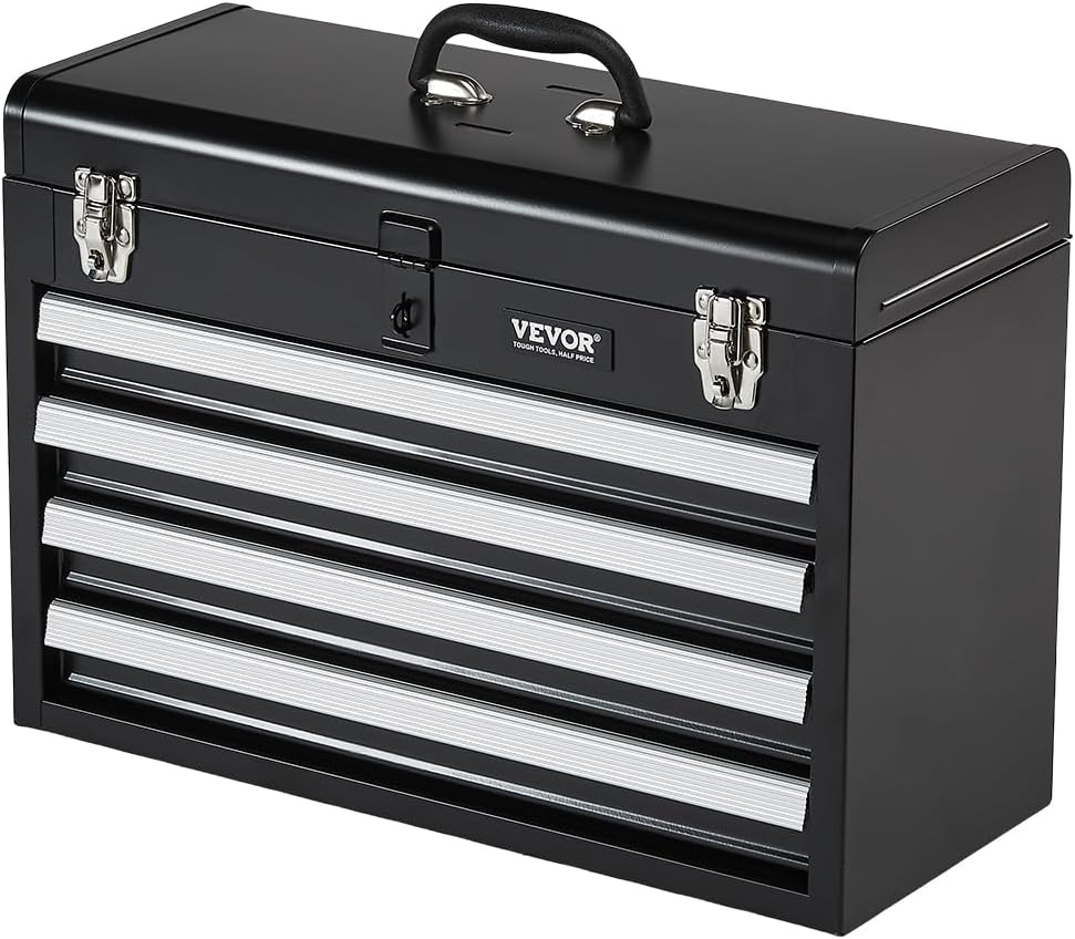 VEVOR Metal Tool Box, 20.5-inch, Portable Metal Tool Box with 4 Drawers, Small Tool Chest with EVA Liners, Ball Bearing Slide Drawers Locking & Powder Coated Finish, Multi-Function Tool Organizer
