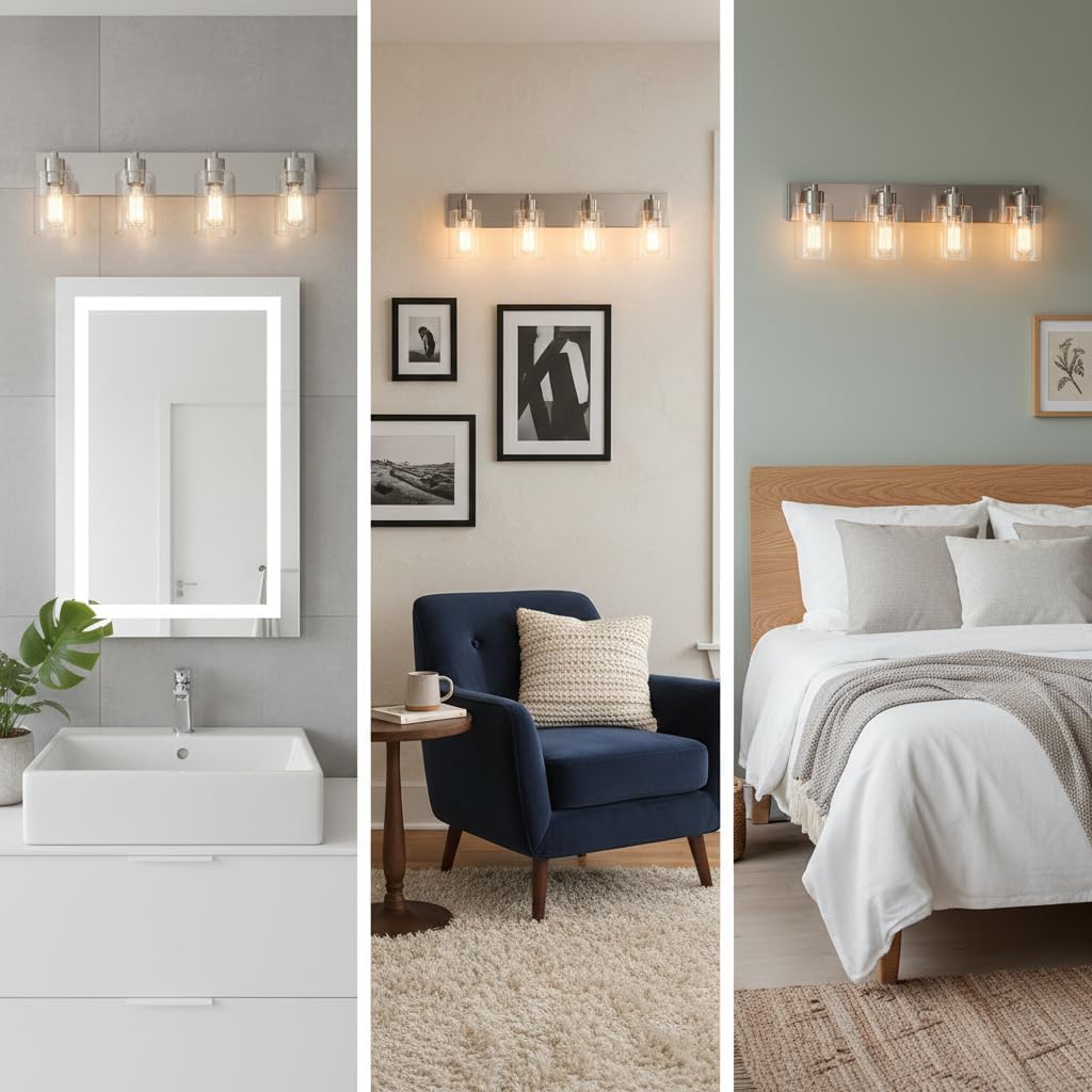4-Light Brushed Nickel Bathroom Vanity Lights, Clear Glass | Brushed Nickel Metal Frame,Up/Down Wall Mount,cylinder Glass Shade,Kitchen Hallway Bedroom Indoor Use,Easy Install,E26 Base