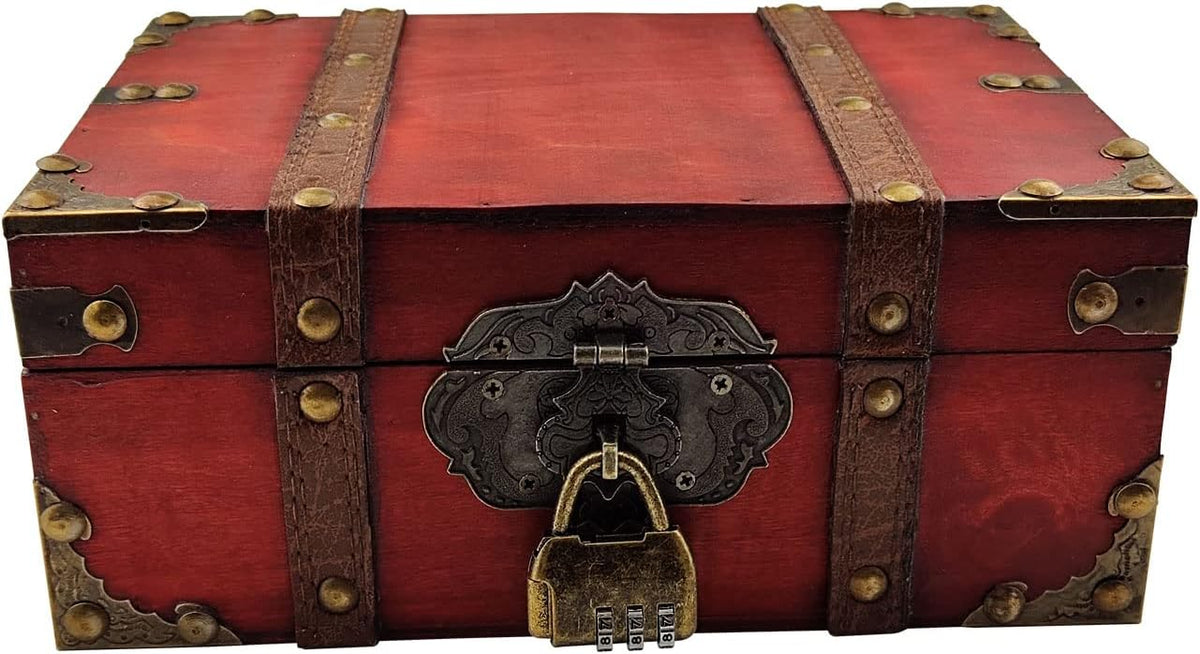 Vintage Decorative Wood Treasure Chest with Lock Jewelry Storage Box, Red