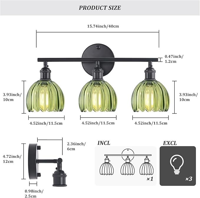 Shenmoyl Bathroom Light Fixtures, 3-Light Black Vanity Wall Light Over Mirror