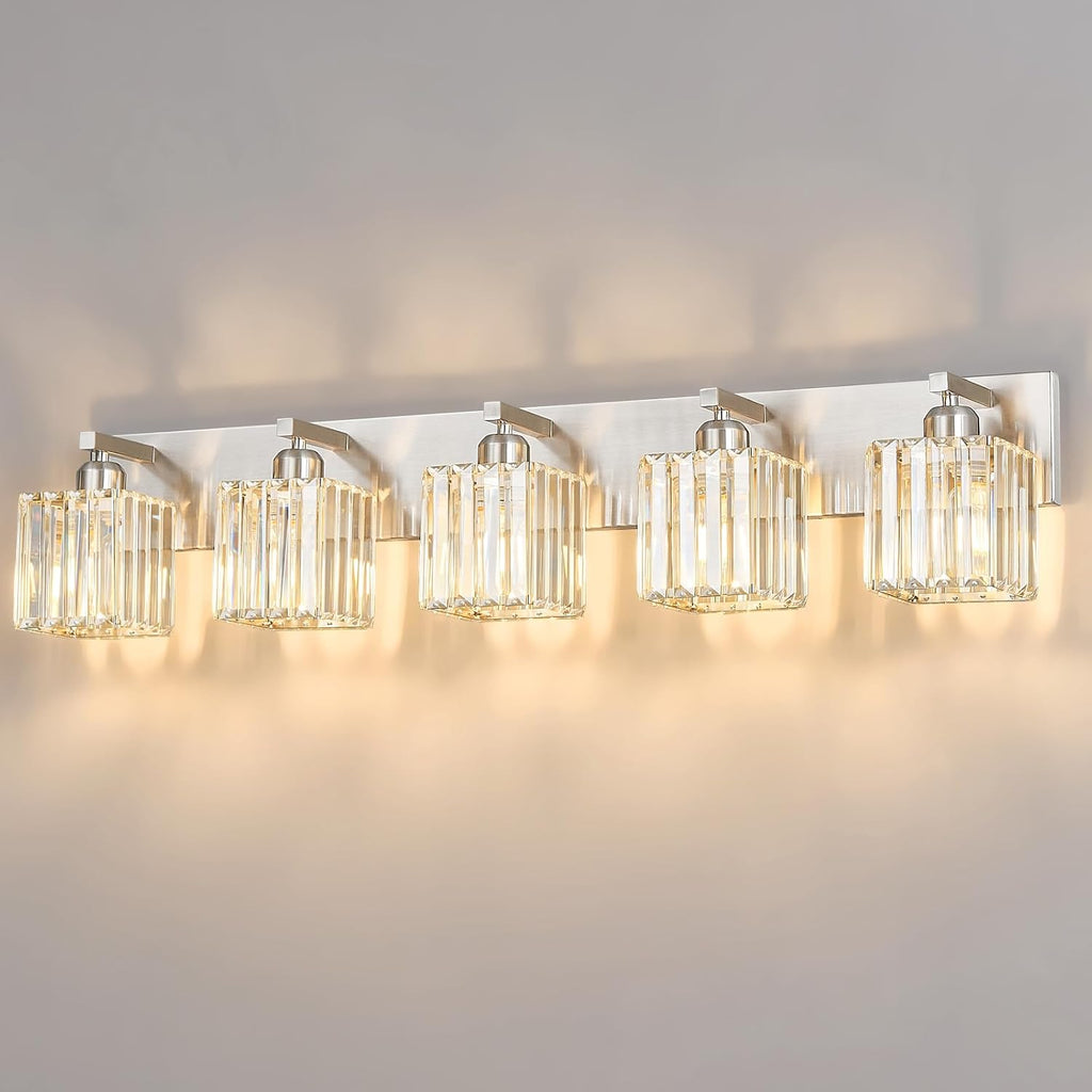 FDPBY Modern Vanity Light 5-Lights Brushed Nickel Vanity Light Crystal Bathroom