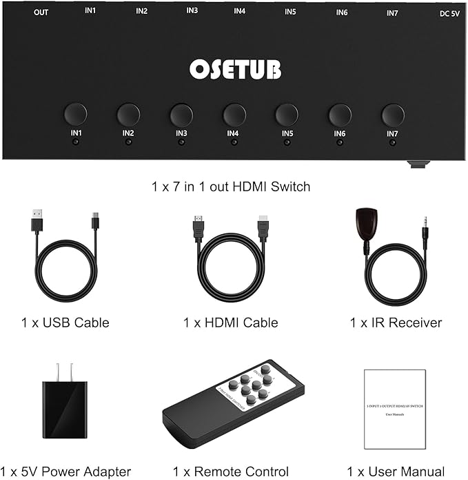 HDMI Switch 7 in 1 Out 4K@60Hz, 7 Port HDMI Switcher Selector Support HDR &