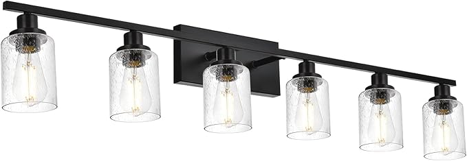 WINSHEN 6-Light Seeded Glass Vanity Light Fixtures in Matte Black Finish