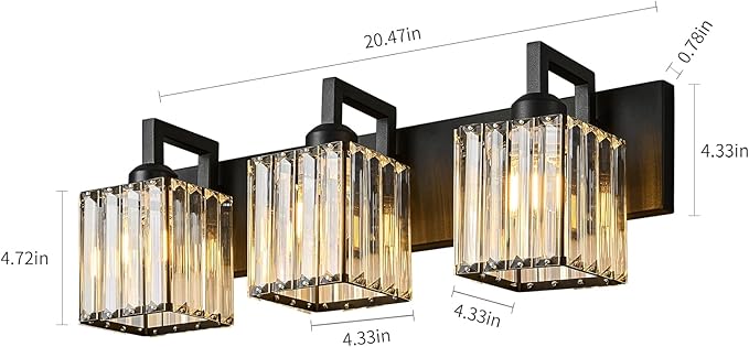 FDPBY Modern Bathroom Vanity Light 3-Lights Black Crystal Wall Lamp Bathroom