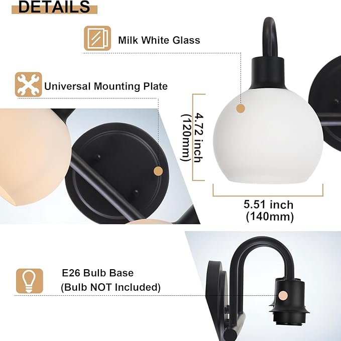 WINSHEN 2-Light Black Bathroom Light Fixture, Milk White Globe Wall Sconce Lamp