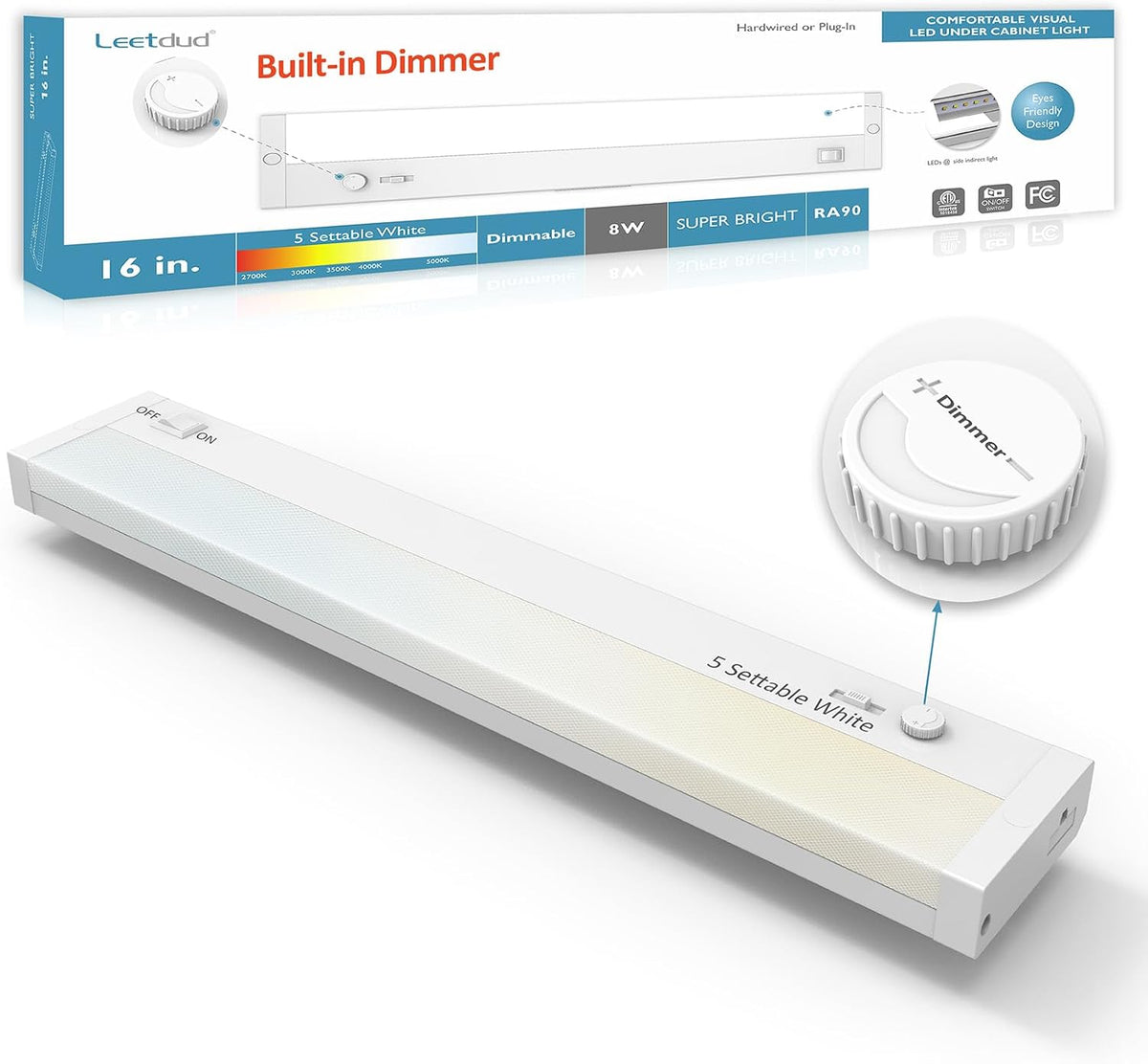 Leetdud Under Cabinet Lights Plug in or Hardwired Built-in Dimmer, 16 Inch 8W