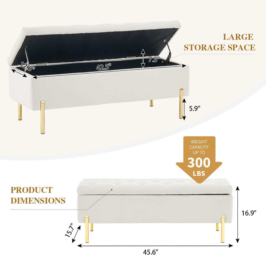 Velvet Storage Bench Ottoman, 45.6-Inch End of Bed Bench, Ivory