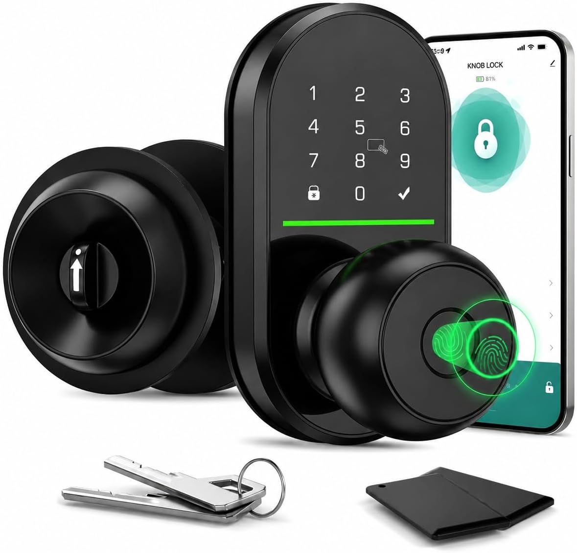 HEI LIANG Smart Door Lock Knob, Fingerprint Keyless Entry, Matte Black