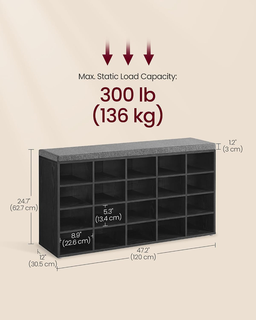 vasagle shoe bench with cushion, 20 compartments, 12, close-up detail