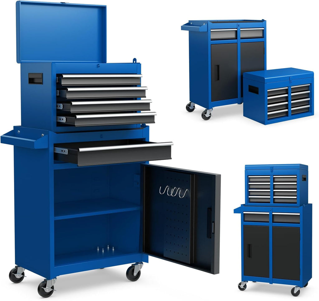 TANGZON Rolling Tool Chest, 2-in-1 Large Capacity Tool Cabinet with Wheels, 5 Drawers & Auto-Locking System, Heavy-Duty Metal Toolbox for Workshop, Warehouse, Garage (Black + Blue)