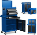 TANGZON Rolling Tool Chest, 2-in-1 Large Capacity Tool Cabinet with Wheels, 5 Drawers & Auto-Locking System, Heavy-Duty Metal Toolbox for Workshop, Warehouse, Garage (Black + Blue)