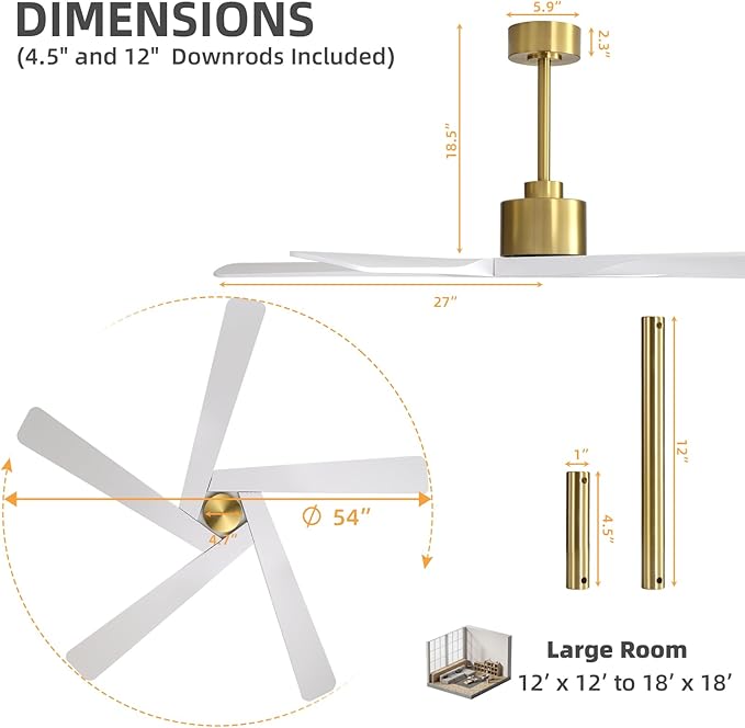 WINGBO 54" ABS DC Ceiling Fan No Light, 5 Blade ABS Plastic Ceiling Fan
