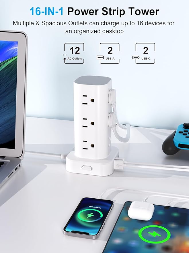 Power Strip Tower with Multiple Outlets, Flat Plug Surge Protector Tower