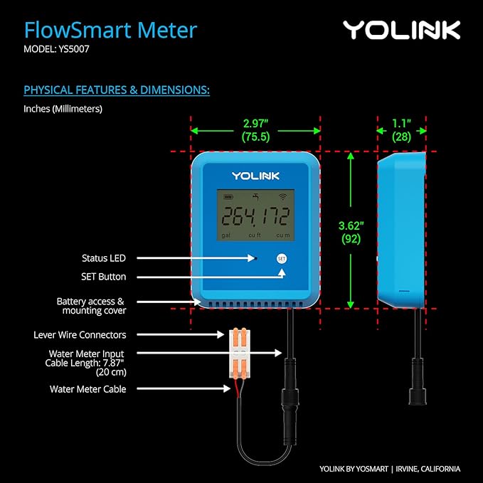 YoLink FlowSmart NSF Water Meter, Smart Water Usage Monitor and Water Leak