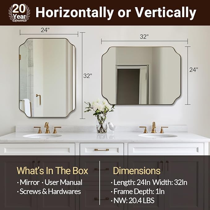 ANDY STAR Brushed Gold Mirror, Unique Rectangular Bathroom Mirror