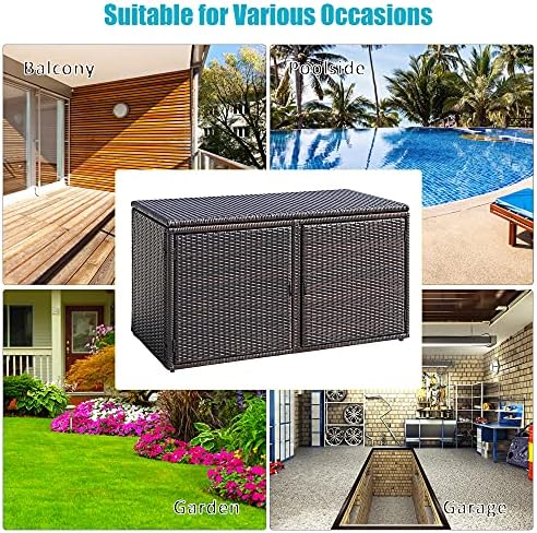DORTALA 88 Gallon Deck Box Organizer, Wicker Large Indoor Outdoor Storage Container Cabinet for Patio Furniture Cushions Garden Tools, Brown