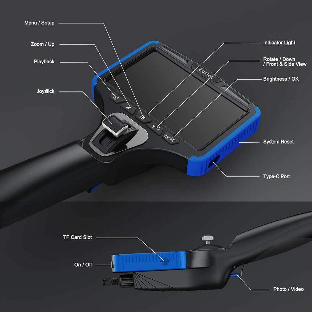 2-way articulating borescope, 0.25in/6.3mm probe, 5" screen, 5ft on a desk or shelf