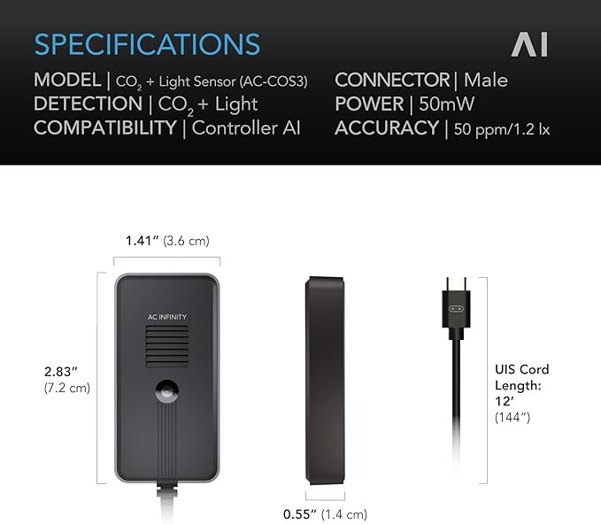 AC Infinity CO2 + Light Sensor, Exclusively Assists Controller AI+ Dynamically