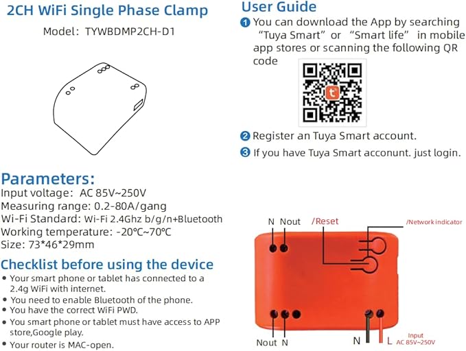 WiFi Smart Power Meter with 2pcs 80A Current Transformer Clamp, Tuya app 2-Way