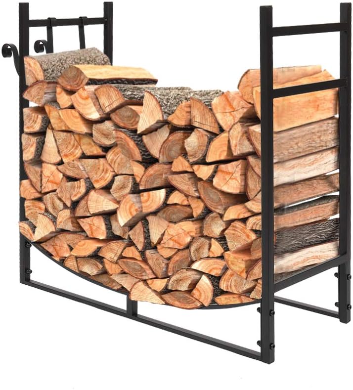 Outvita 3FT Firewood Log Rack, Iron Lumber Storage Holder, Wood Pile Stacker Organizer for Indoor Outdoor Fireplace Fire Stove Pit with Kindling Holder Black