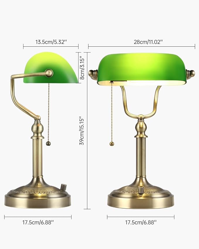 Newrays Green Glass Bankers Desk Lamp, Stepless Dimmable Table Lamp Plug in