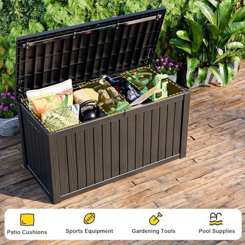 Outdoor Waterproof Resin Storage Deck Box Lockable Outside Bench UV Resistant Bin Patio Porch Furniture Pool Float Garden Tool Cushion (Black, 180 Gallon)