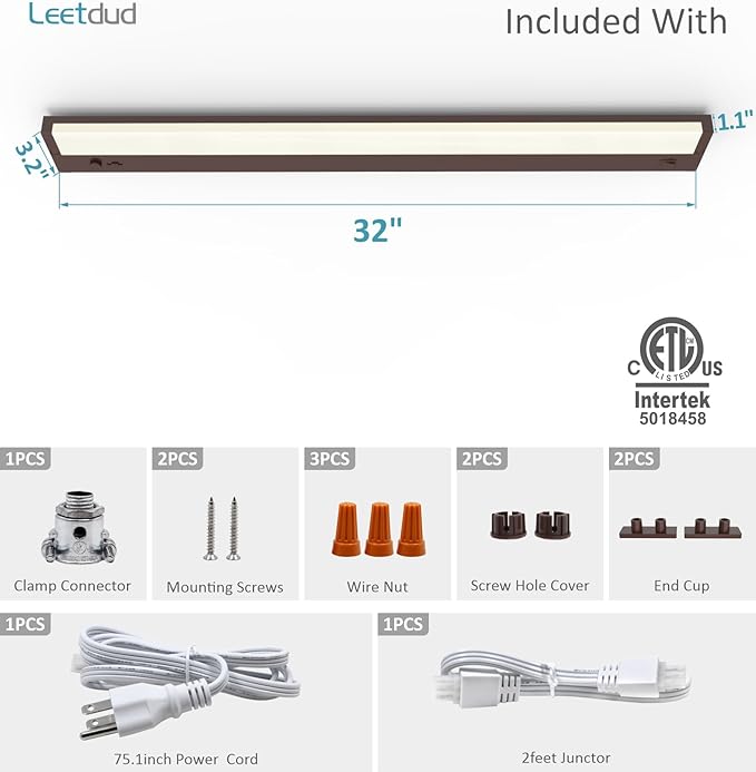 Leetdud Under Cabinet Lighting Plug in or Hardwired Built-in Dimmer, 32 Inch 16W