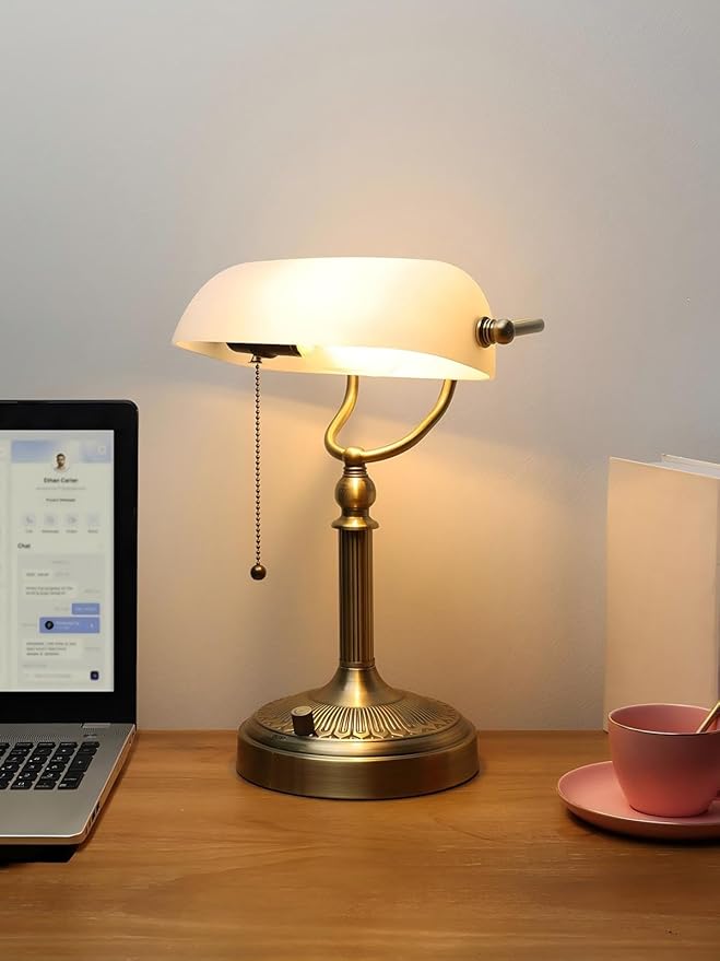 Newrays White Matted Glass Bankers Desk Lamp, Stepless Dimmable Table Lamp Plug