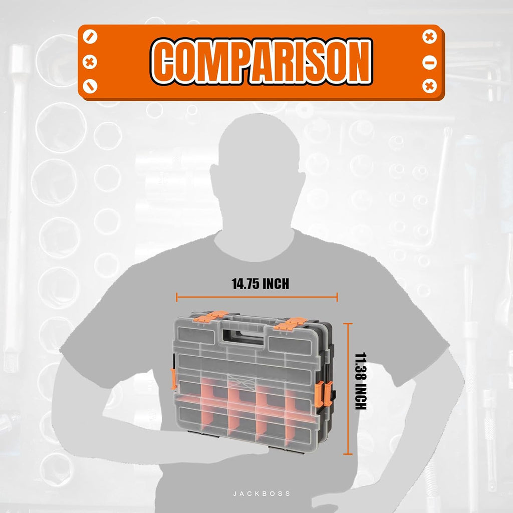 jack boss tool box with transparent lid, single showing dimensions