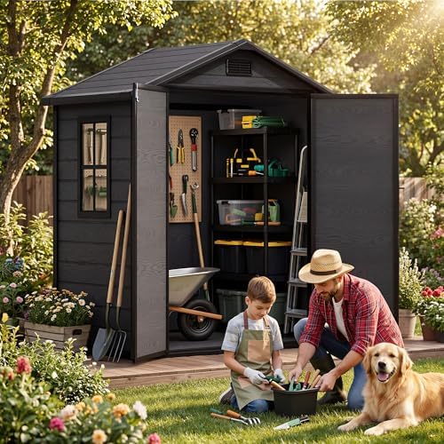 DWVO 6x4FT Resin Outdoor Storage Shed with Reinforced Floor, Window&Vent
