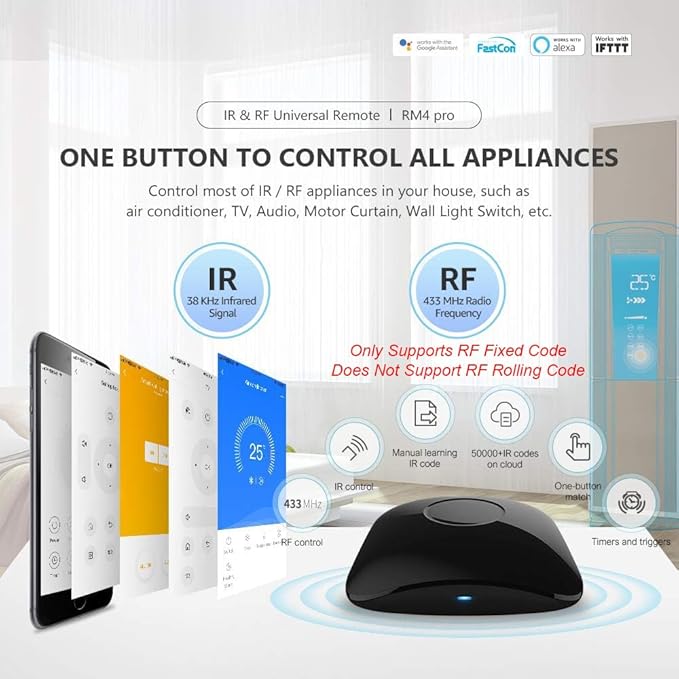BroadLink RM4 pro IR and RF Universal Remote, All in One Hub Code Learning