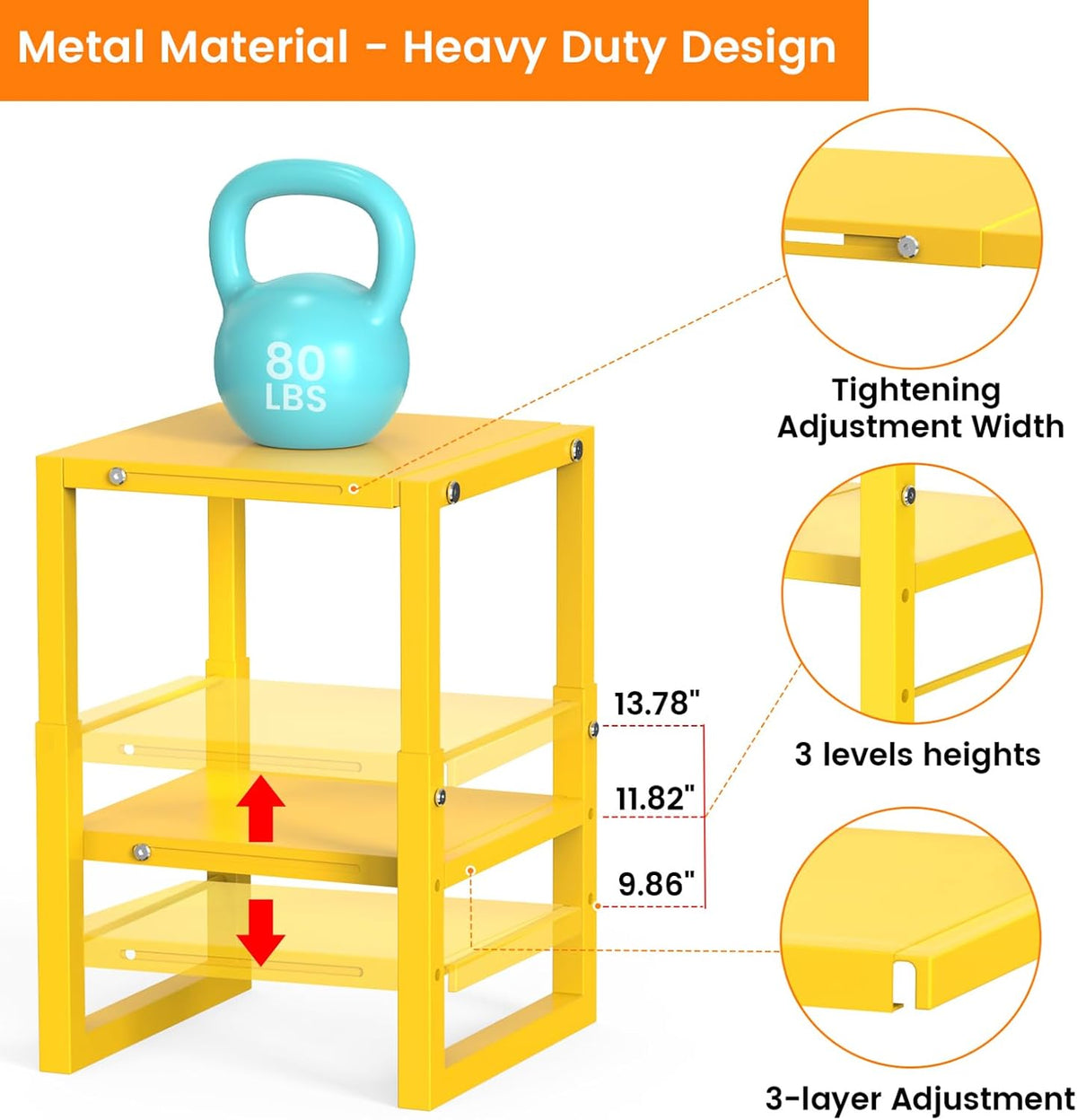 lidtop locker organizer shelf yellow, metal adjustable width, close-up detail
