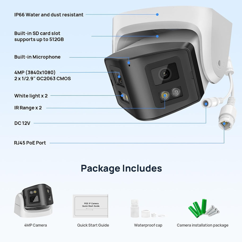 panoeagle 4mp dual lens poe ip camera with, front angle view