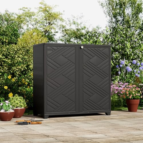 ZZM Indoor/Outdoor Storage Cabinet Waterproof, 34"x15"x34" Plastic Outdoor Storage Box for Garden Balcony Bathroom, All Weather Outdoor Storage Clearance, DIY Usage, with 2 Shelf (Black)