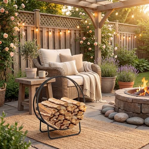 HAPPYGRILL 20” Firewood Log Hoop, Heavy Duty Metal Firewood Rack w/U-shaped Stand, Indoor Outdoor Round Wood Storage Holder for Fireplace, Patio, Deck, Backyard, Black Powder Coated, No Assembly