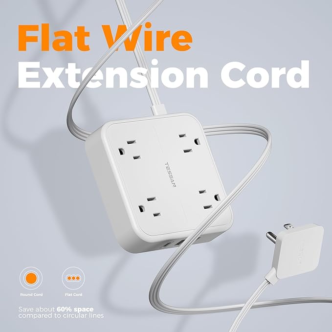Surge Protector Flat Extension Cord 10FT, TESSAN Flat Plug Power Strip