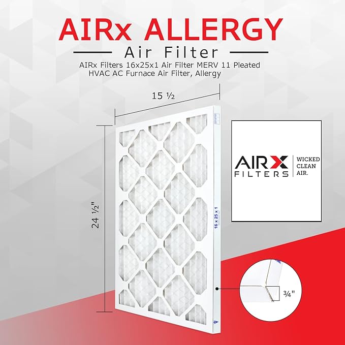 16x25x1 Air Filter ALLERGY by AIRx Filters MERV 11 Pleated 16x25x1 Furnace (6-Pack)
