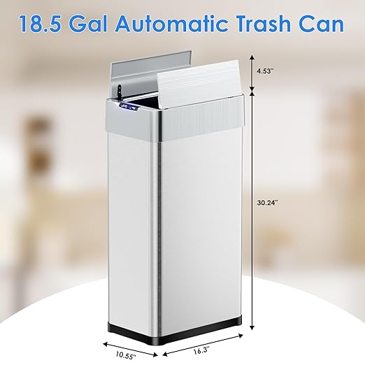 TLSUNNY 18.5 Gallon Automatic Trash Can, Stainless Steel Motion Sensor Garbage