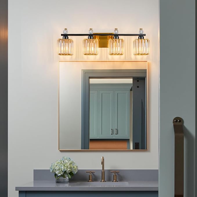 FDPBY Vanity Lights 4-Light Modern Crystal Vanity Light Black Gold Bathroom