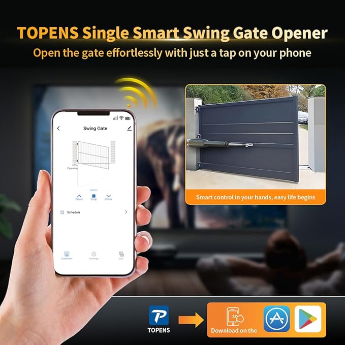 TOPENS XD851 Smart Gate Opener for Heavy Duty Single Swing Gates Up to 18ft
