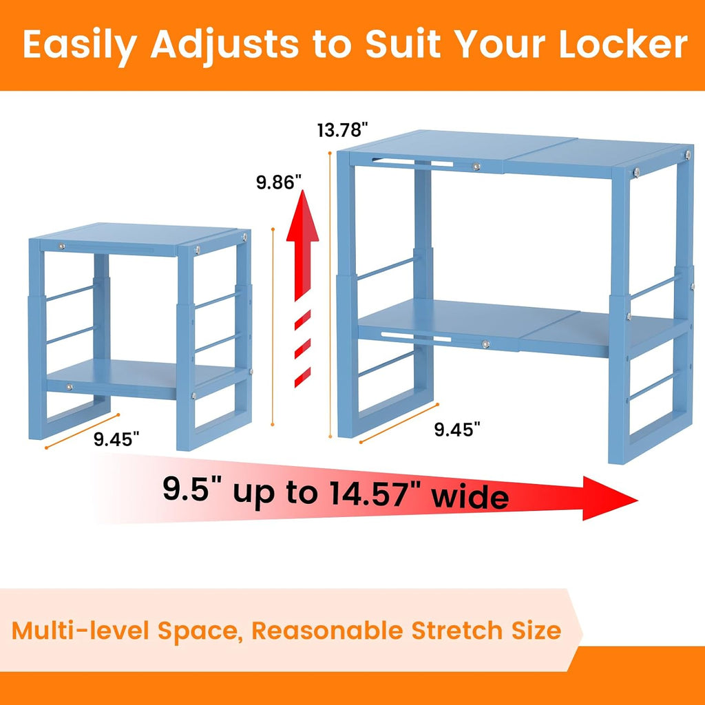 lidtop locker shelf blue, adjustable width and height shown in use
