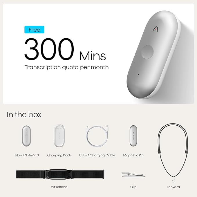 Plaud NotePin S AI Voice Recorder, Wearable AI Notetaker, AI Transcribe &