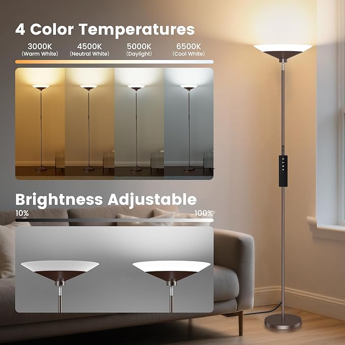 SIBRILLE Brown Torchiere Floor Lamp - 30W Dimmable LED Standing Lamp